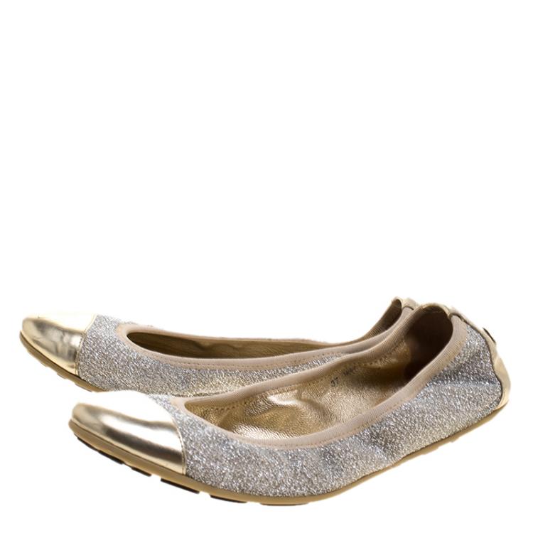 Pre Owned Jimmy Choo Silver Lamè and Metallic Leather Cap Toe Winnie Scrunch Ballet Flats Size 37