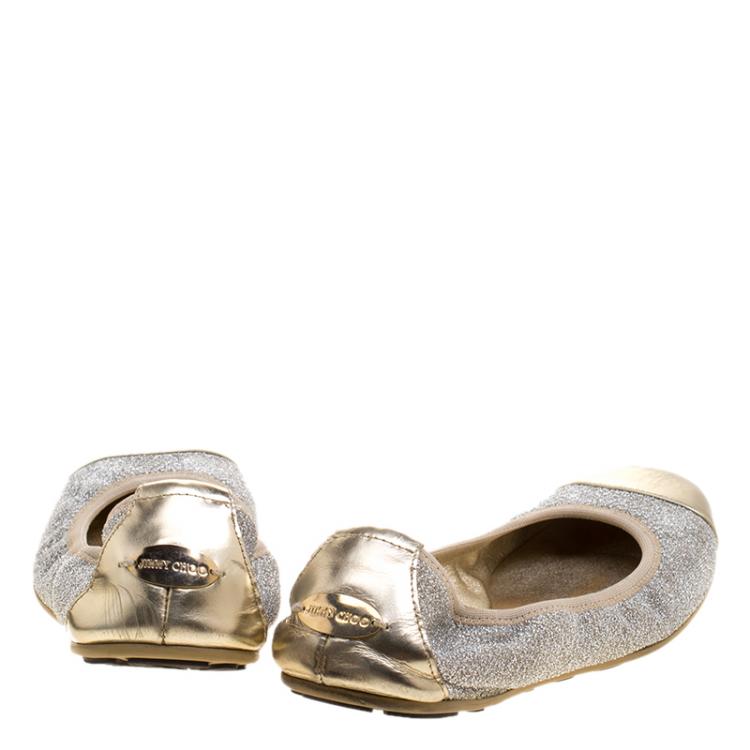 Pre Owned Jimmy Choo Silver Lamè and Metallic Leather Cap Toe Winnie Scrunch Ballet Flats Size 37