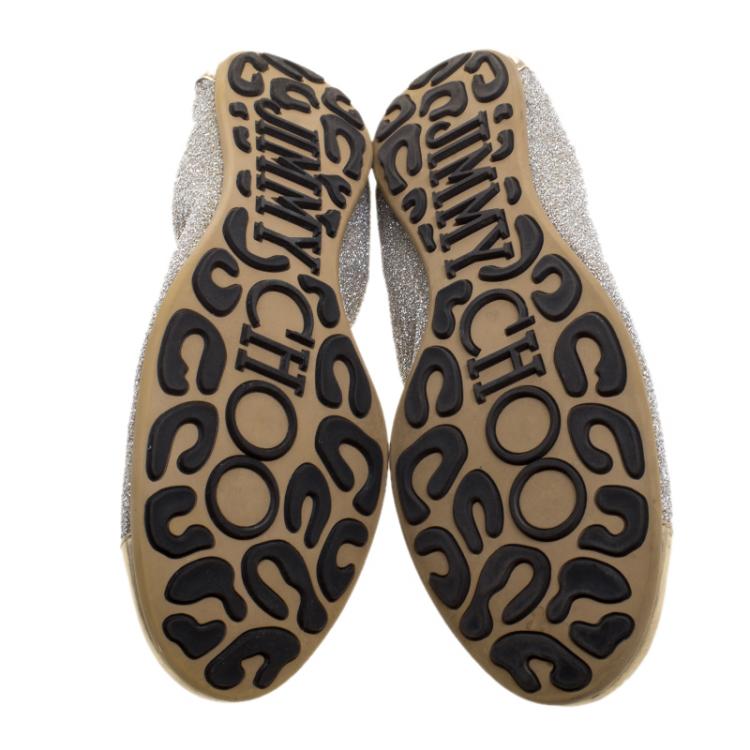 Pre Owned Jimmy Choo Silver Lamè and Metallic Leather Cap Toe Winnie Scrunch Ballet Flats Size 37