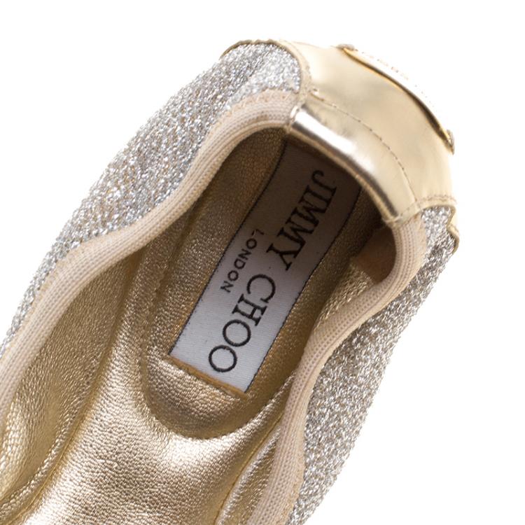 Pre Owned Jimmy Choo Silver Lamè and Metallic Leather Cap Toe Winnie Scrunch Ballet Flats Size 37