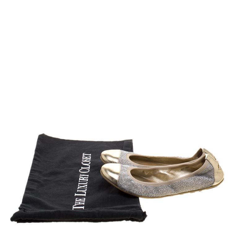 Pre Owned Jimmy Choo Silver Lamè and Metallic Leather Cap Toe Winnie Scrunch Ballet Flats Size 37