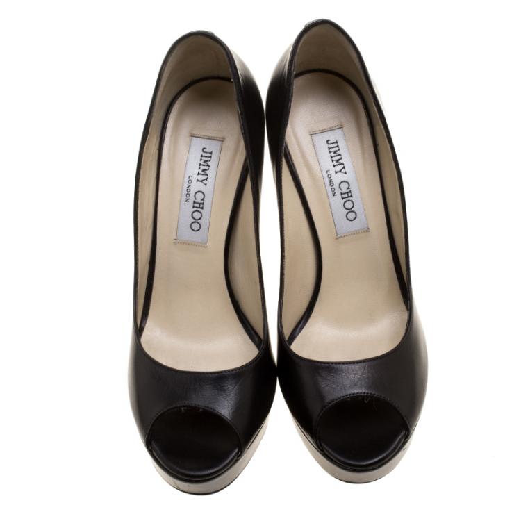 Pre Owned Jimmy Choo Black Leather Crown Peep Toe Platform Pumps Size 36