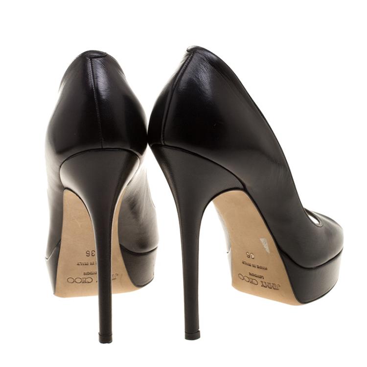 Pre Owned Jimmy Choo Black Leather Crown Peep Toe Platform Pumps Size 36