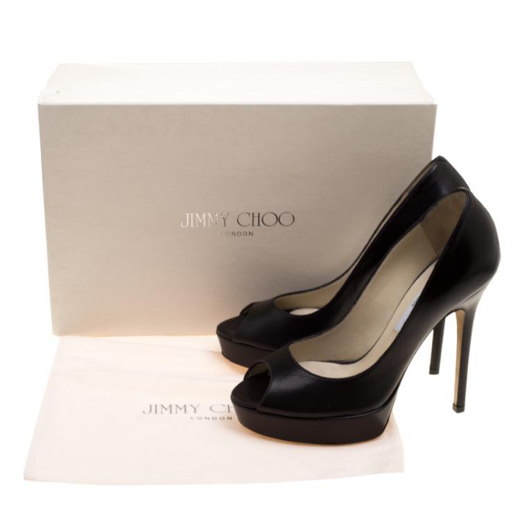 Pre Owned Jimmy Choo Black Leather Crown Peep Toe Platform Pumps Size 36