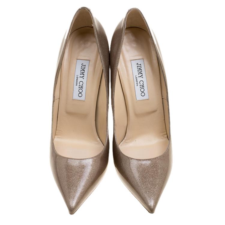 Pre Owned Jimmy Choo Beige Shimmering Patent Leather Abel Pointed Toe Pumps Size 41