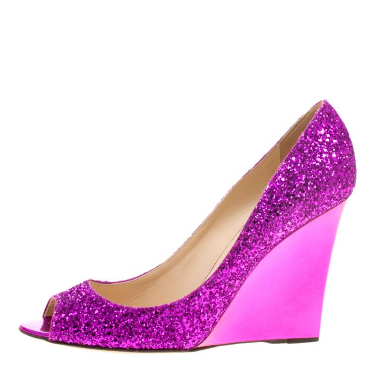 Pre Owned Jimmy Choo Purple Glitters Baxen Peep Toe Wedge Pumps Size 40