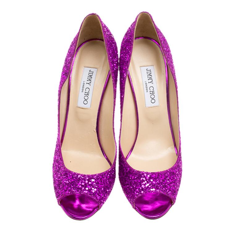 Pre Owned Jimmy Choo Purple Glitters Baxen Peep Toe Wedge Pumps Size 40