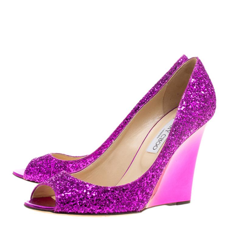 Pre Owned Jimmy Choo Purple Glitters Baxen Peep Toe Wedge Pumps Size 40