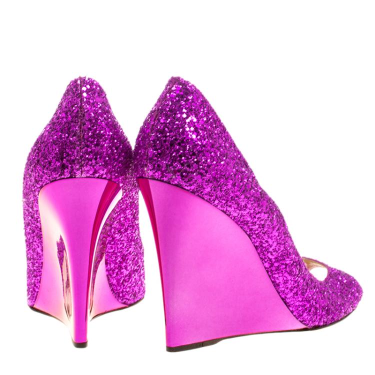 Pre Owned Jimmy Choo Purple Glitters Baxen Peep Toe Wedge Pumps Size 40