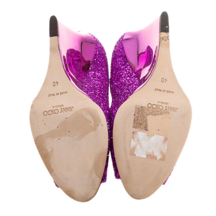 Pre Owned Jimmy Choo Purple Glitters Baxen Peep Toe Wedge Pumps Size 40