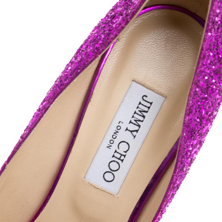 Pre Owned Jimmy Choo Purple Glitters Baxen Peep Toe Wedge Pumps Size 40