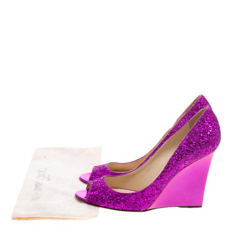 Pre Owned Jimmy Choo Purple Glitters Baxen Peep Toe Wedge Pumps Size 40