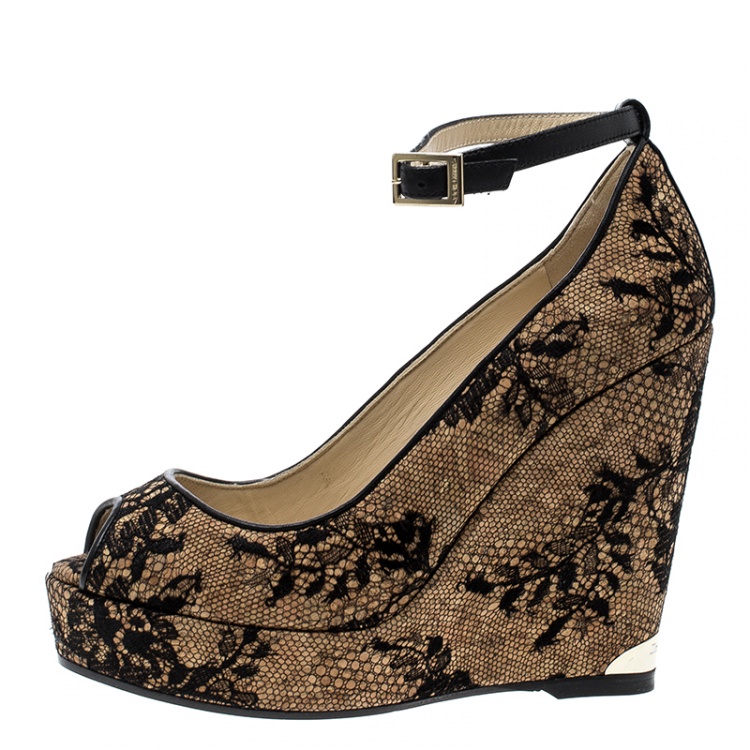 Pre Owned Jimmy Choo Beige Cork and Lace Pacific Peep Toe Ankle Strap Wedge Pumps Size 36