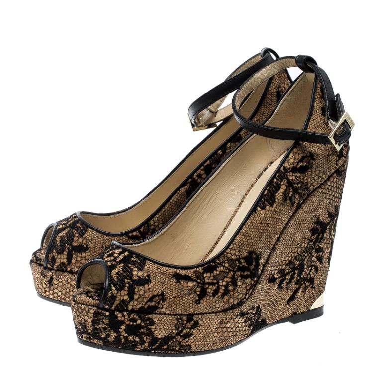 Pre Owned Jimmy Choo Beige Cork and Lace Pacific Peep Toe Ankle Strap Wedge Pumps Size 36