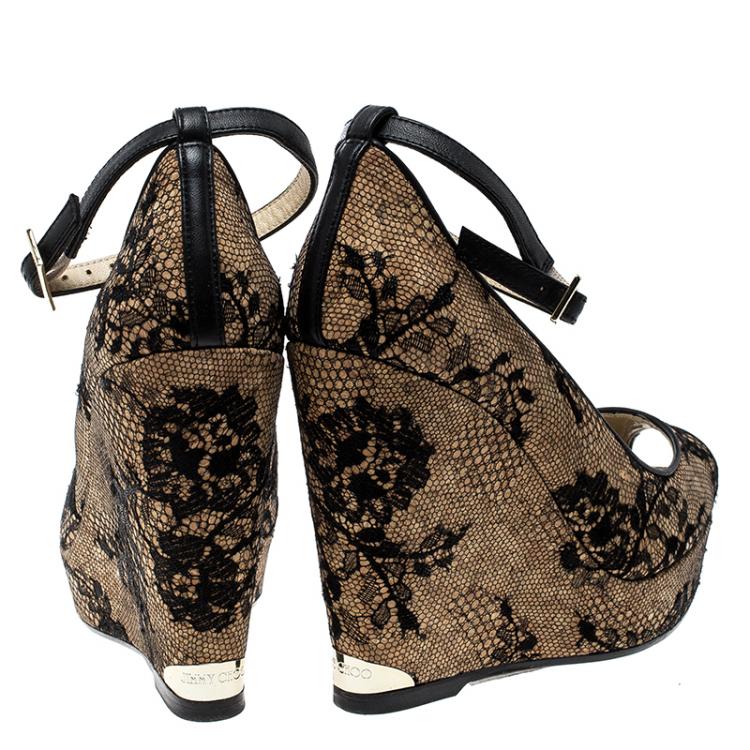 Pre Owned Jimmy Choo Beige Cork and Lace Pacific Peep Toe Ankle Strap Wedge Pumps Size 36