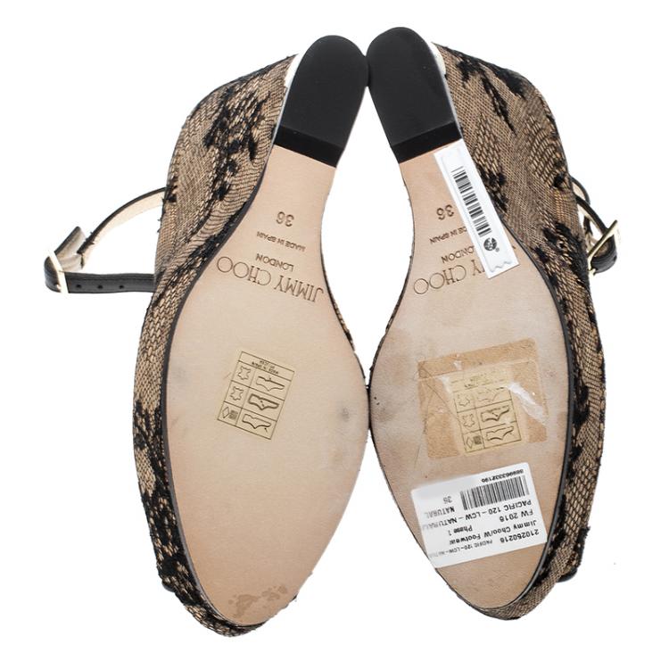 Pre Owned Jimmy Choo Beige Cork and Lace Pacific Peep Toe Ankle Strap Wedge Pumps Size 36