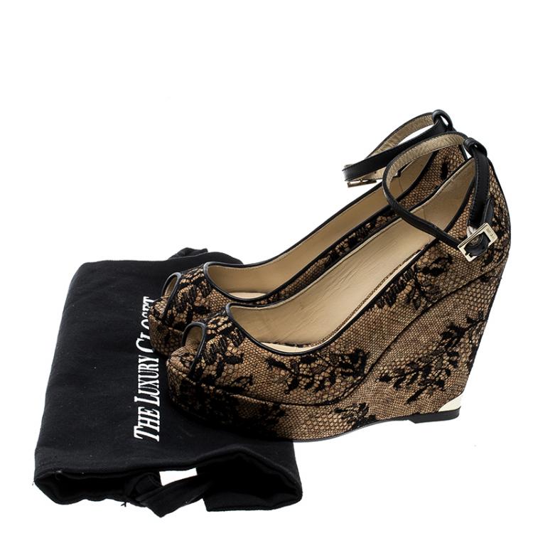 Pre Owned Jimmy Choo Beige Cork and Lace Pacific Peep Toe Ankle Strap Wedge Pumps Size 36