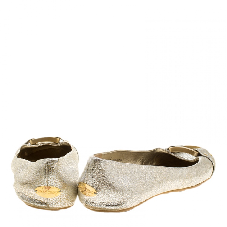 Pre Owned Jimmy Choo Silver Leather Morse Ballet Flats Size 39.5