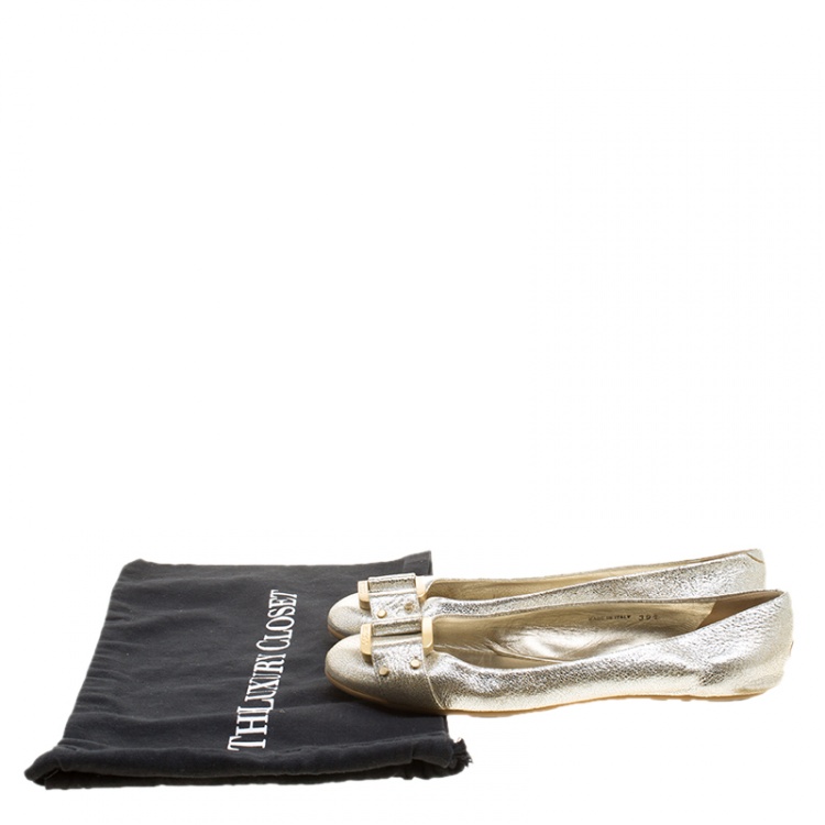 Pre Owned Jimmy Choo Silver Leather Morse Ballet Flats Size 39.5
