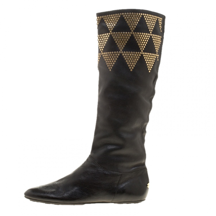Pre Owned Jimmy Choo Black Studded Leather Tall Boots Size 37