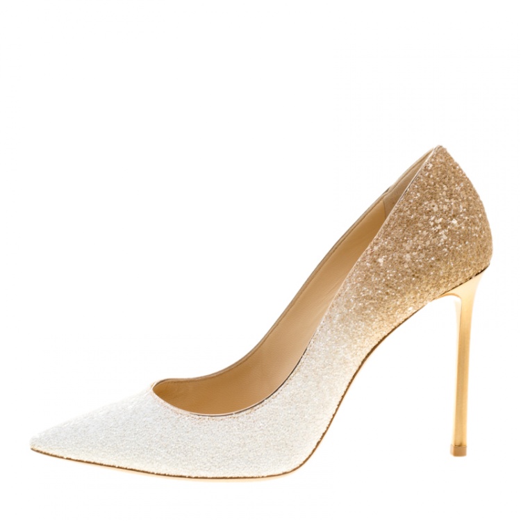Pre Owned Jimmy Choo Optic White And Beige Coarse Glitter Degradé Romy Pointed Toe Pumps Size 38