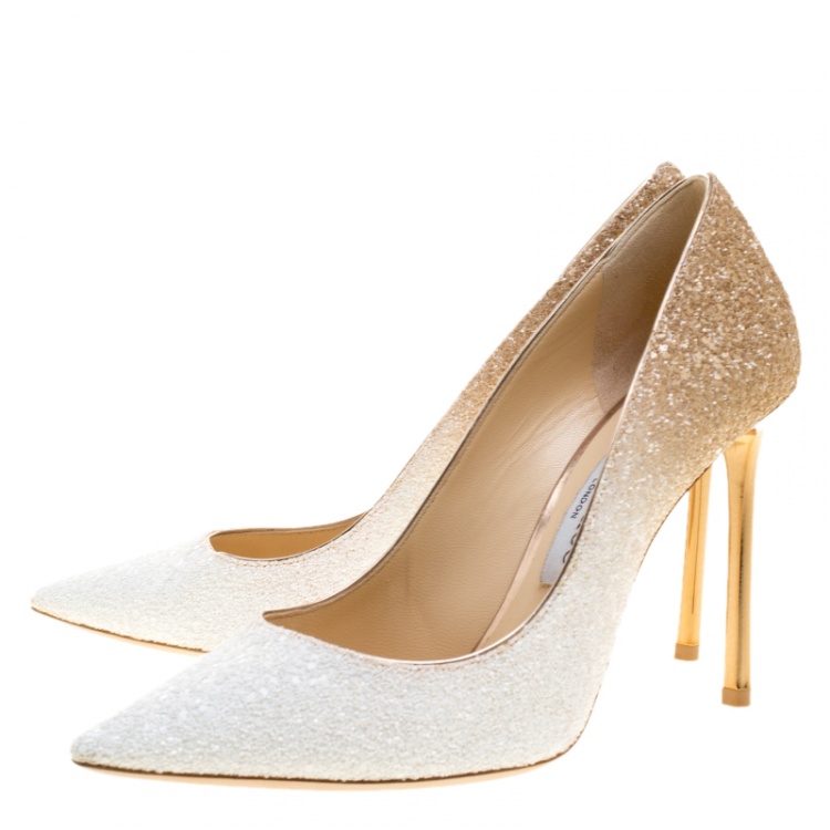 Pre Owned Jimmy Choo Optic White And Beige Coarse Glitter Degradé Romy Pointed Toe Pumps Size 38