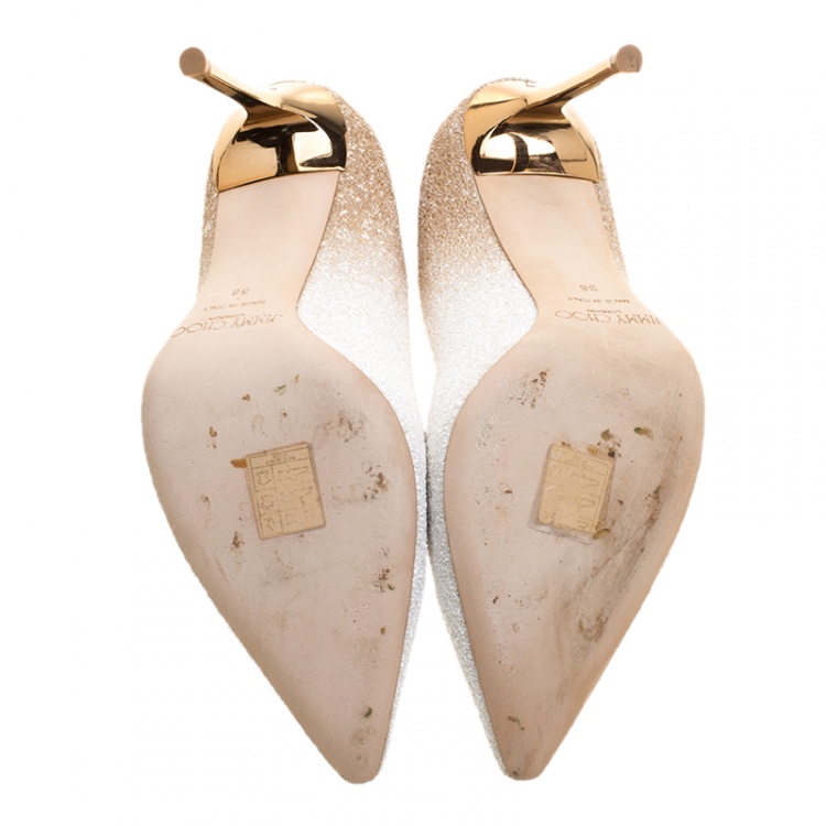Pre Owned Jimmy Choo Optic White And Beige Coarse Glitter Degradé Romy Pointed Toe Pumps Size 38