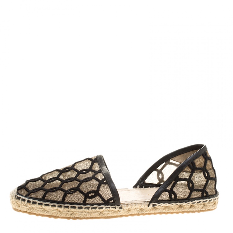 Pre Owned Jimmy Choo Black Embroidered Mesh Dreya D'orsay Flat Espadrilles Size 38