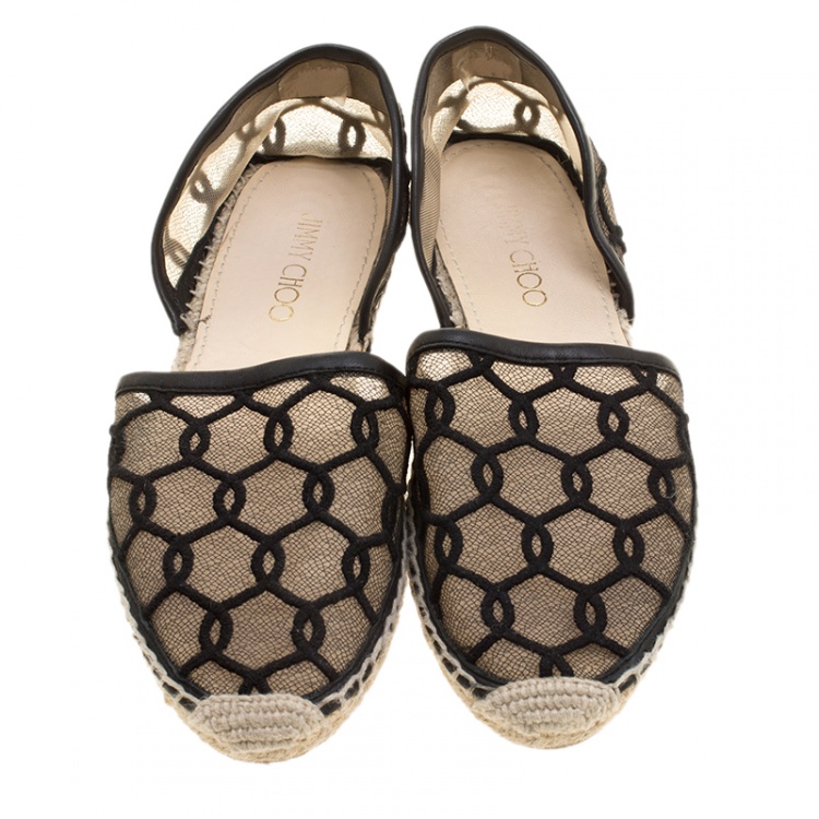 Pre Owned Jimmy Choo Black Embroidered Mesh Dreya D'orsay Flat Espadrilles Size 38