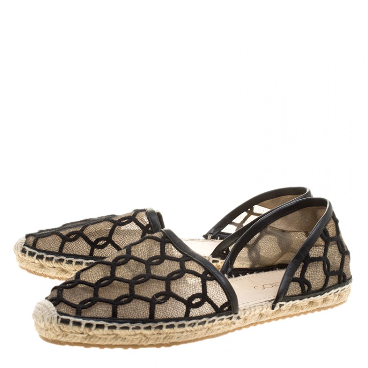 Pre Owned Jimmy Choo Black Embroidered Mesh Dreya D'orsay Flat Espadrilles Size 38