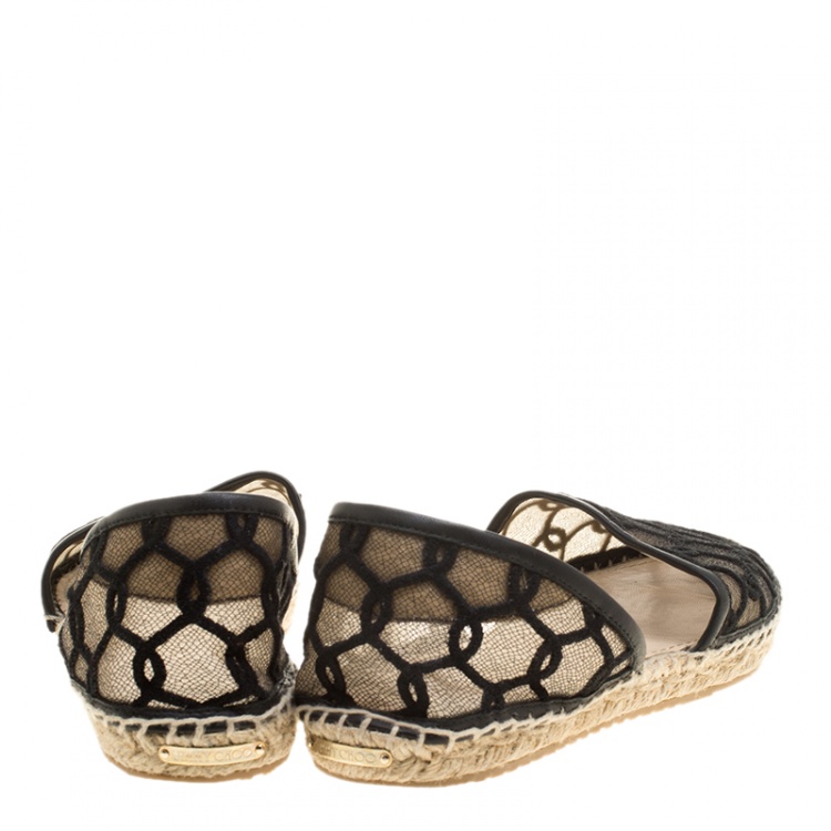 Pre Owned Jimmy Choo Black Embroidered Mesh Dreya D'orsay Flat Espadrilles Size 38