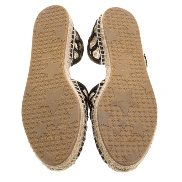 Pre Owned Jimmy Choo Black Embroidered Mesh Dreya D'orsay Flat Espadrilles Size 38