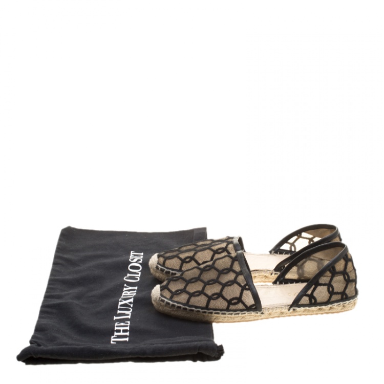 Pre Owned Jimmy Choo Black Embroidered Mesh Dreya D'orsay Flat Espadrilles Size 38