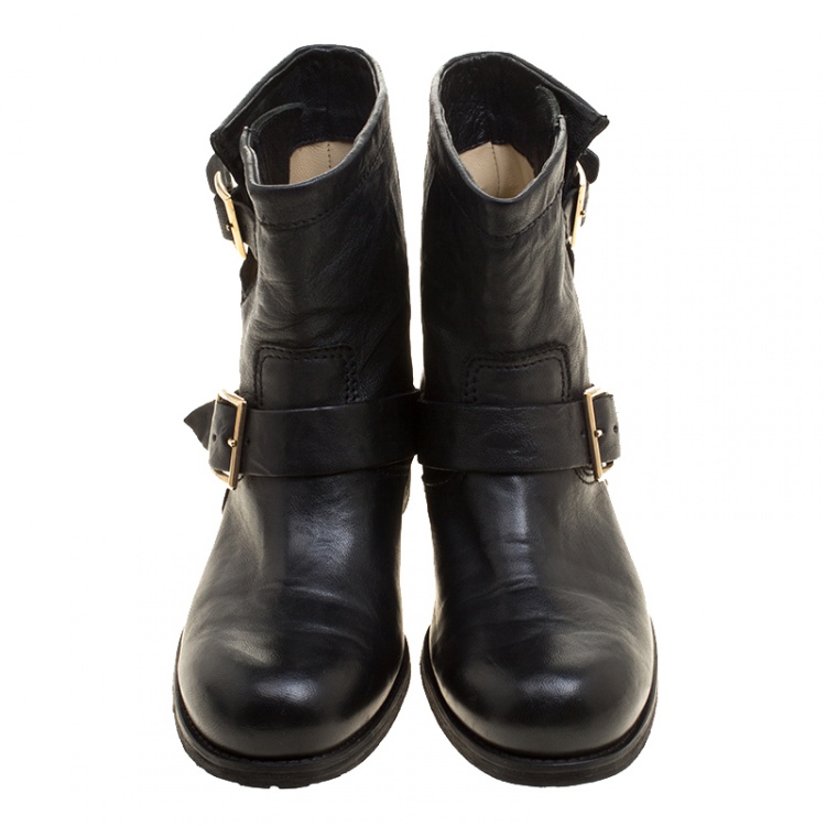 Pre Owned Jimmy Choo Black Leather Biker Boots Size 36.5