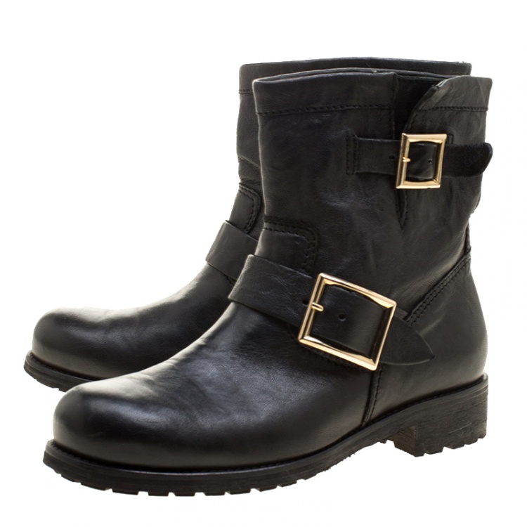 Pre Owned Jimmy Choo Black Leather Biker Boots Size 36.5