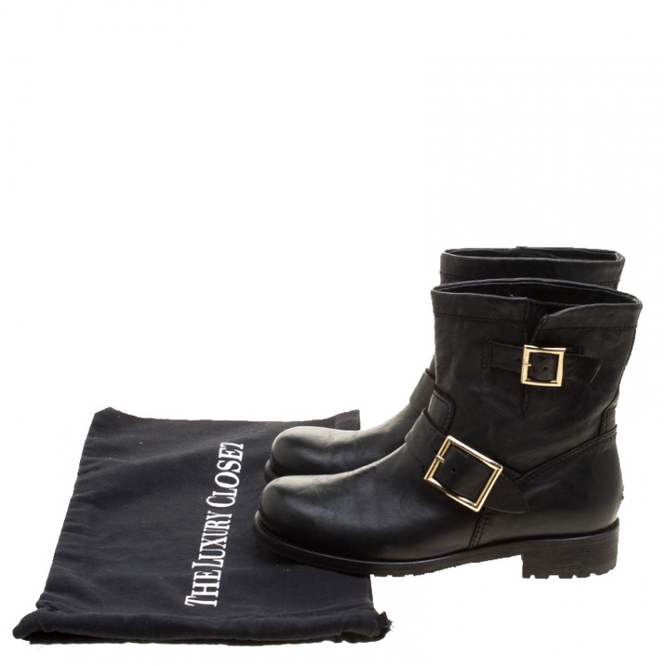 Pre Owned Jimmy Choo Black Leather Biker Boots Size 36.5