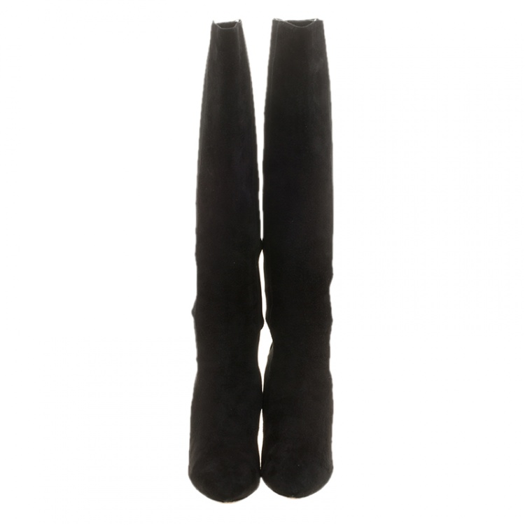 Pre Owned Jimmy Choo Black Suede and Elastic Panel Faith Knee High Boots Size 38.5
