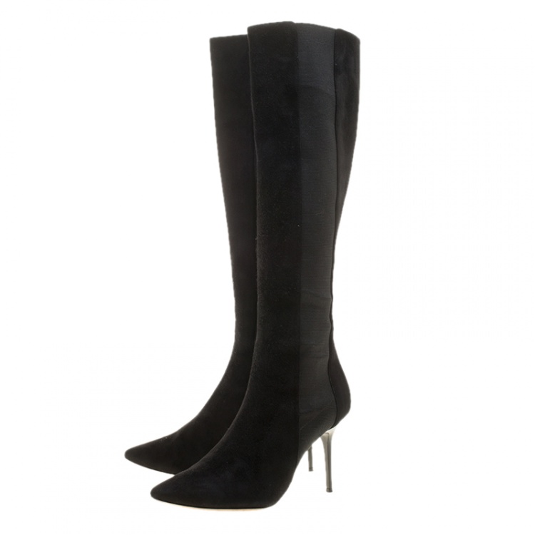 Pre Owned Jimmy Choo Black Suede and Elastic Panel Faith Knee High Boots Size 38.5