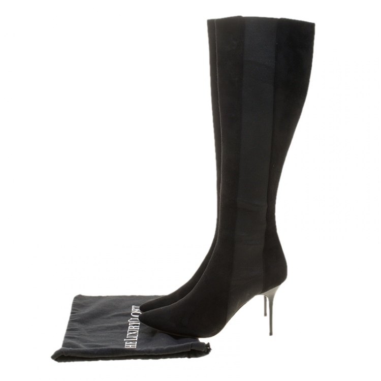 Pre Owned Jimmy Choo Black Suede and Elastic Panel Faith Knee High Boots Size 38.5