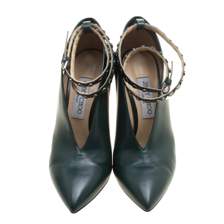 Pre Owned Jimmy Choo Bottle Green Leather Lark Ankle Wrap Pointed Toe Booties Size 38