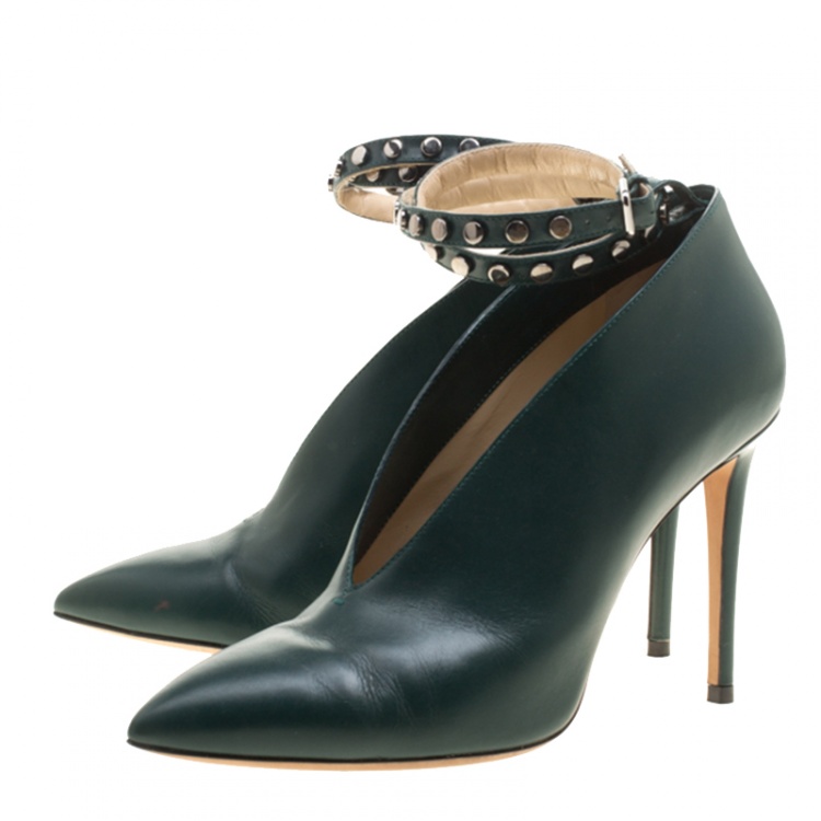 Pre Owned Jimmy Choo Bottle Green Leather Lark Ankle Wrap Pointed Toe Booties Size 38