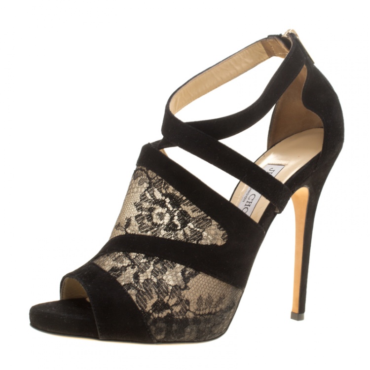 Jimmy Choo Black Lace and Suede Vantage Cross Strap Peep Toe