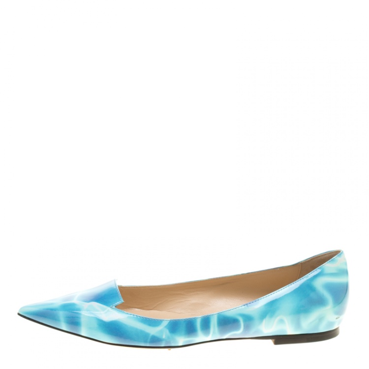 مملوكة مسبقًا Jimmy Choo Turquoise Swimming Pool Print Patent Leather Attila Ballet Flats Size 37.5