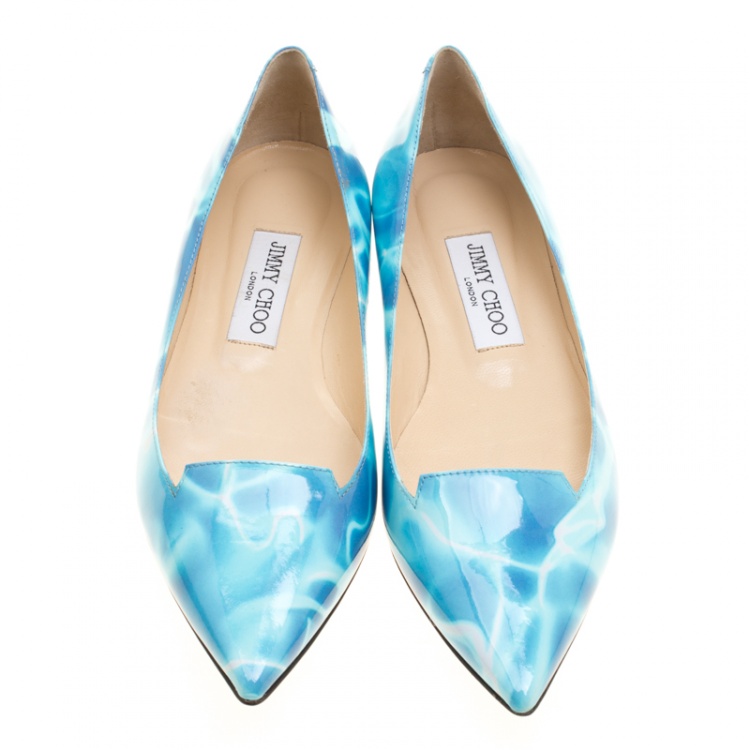 مملوكة مسبقًا Jimmy Choo Turquoise Swimming Pool Print Patent Leather Attila Ballet Flats Size 37.5