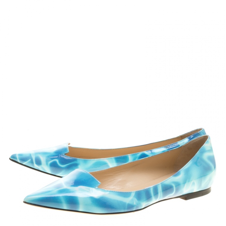 مملوكة مسبقًا Jimmy Choo Turquoise Swimming Pool Print Patent Leather Attila Ballet Flats Size 37.5