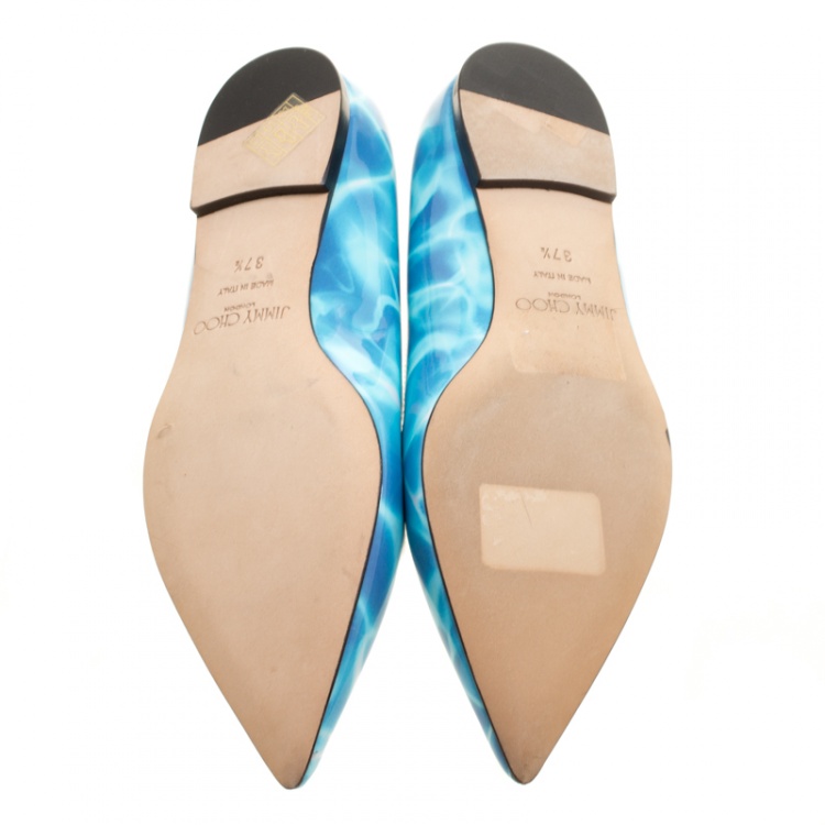 مملوكة مسبقًا Jimmy Choo Turquoise Swimming Pool Print Patent Leather Attila Ballet Flats Size 37.5