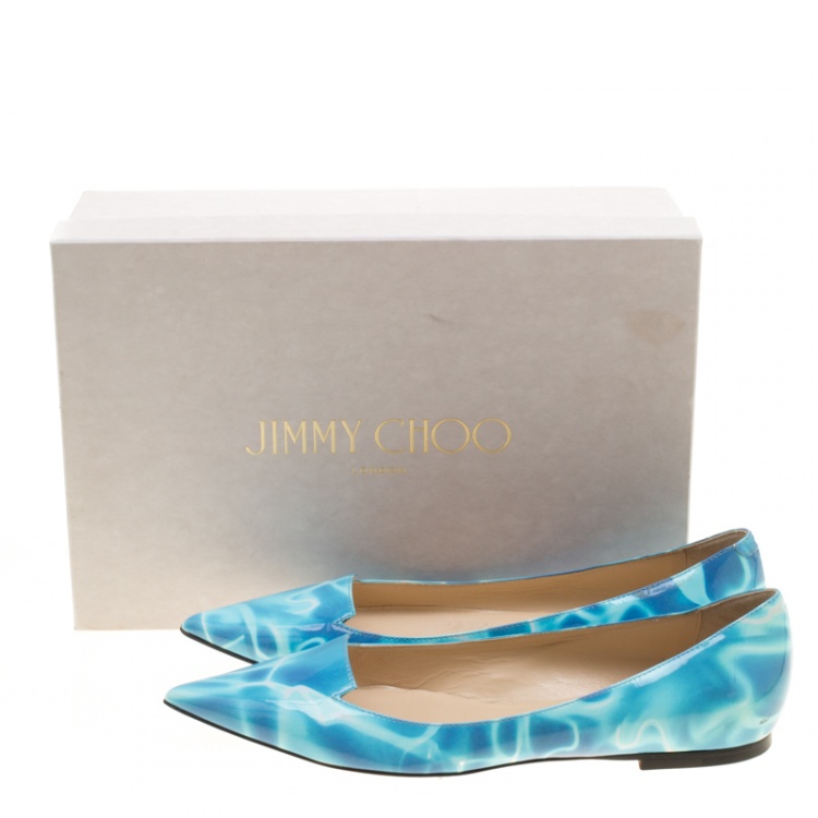 مملوكة مسبقًا Jimmy Choo Turquoise Swimming Pool Print Patent Leather Attila Ballet Flats Size 37.5