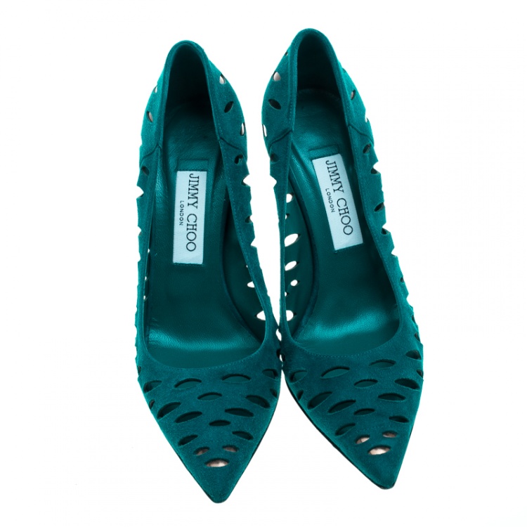 Pre Owned Jimmy Choo Teal Suede Talka Cutout Pumps Size 38.5