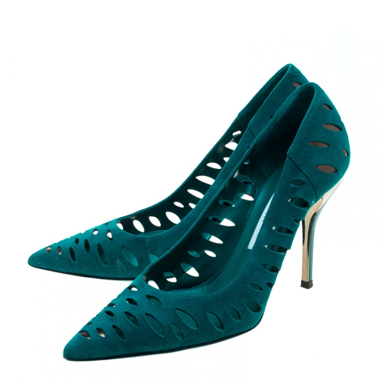 Pre Owned Jimmy Choo Teal Suede Talka Cutout Pumps Size 38.5