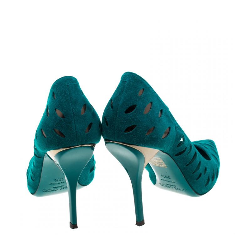 Pre Owned Jimmy Choo Teal Suede Talka Cutout Pumps Size 38.5